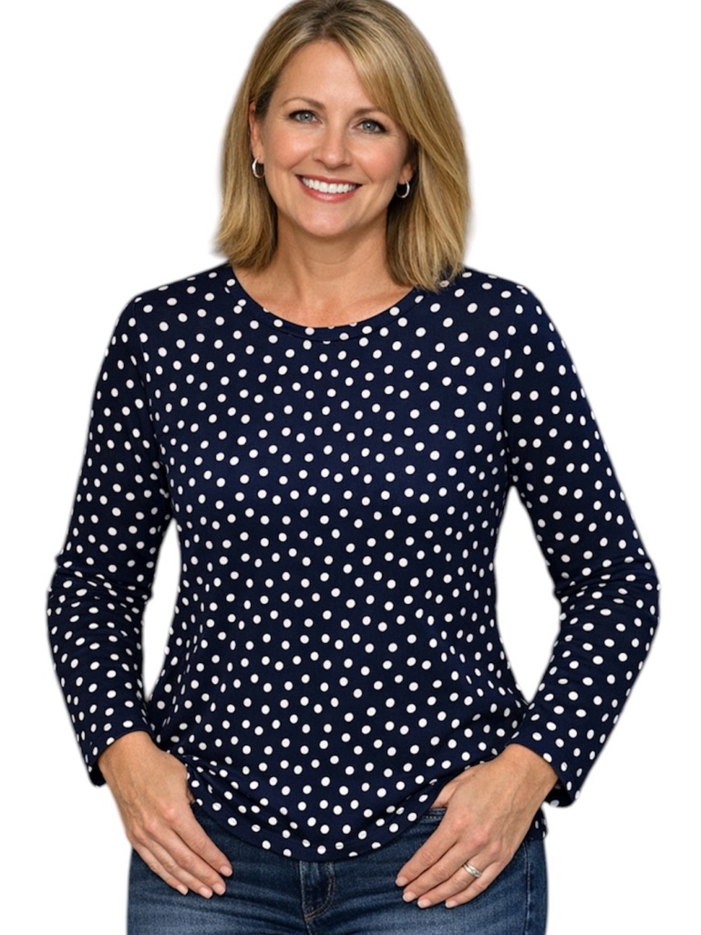 Talbots Navy Blue & White Polka Dot Crewneck Top Stretch MP
DD